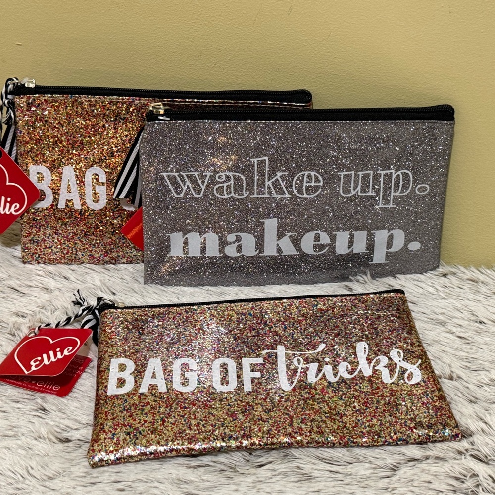Ellie Sparkle Cosmetic Bag Trio - Glittery Gold, Silver, Multicolor Bundle of 3